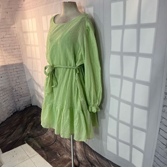 Eloquii NWT lime green long sleeve tie waist mini ruffle hem dress size 26 - Picture 4 of 12
